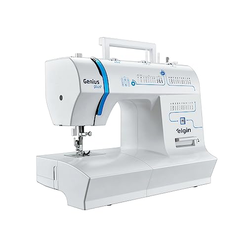 Máquina de Costura Genius Plus Elgin Portátil 31 pontos Agulha Dupla Branco e Azul 220V