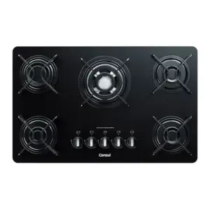 Cooktop a Gás Consul 5 Bocas com Mesa de Vidro e Queimador Quadrichama Preto Bivolt CDD75AEUNA Cooktop a Gás Consul 5 Bocas com Mesa de Vidro e Queimador Quadrichama Preto Bivolt CDD75AEUNA