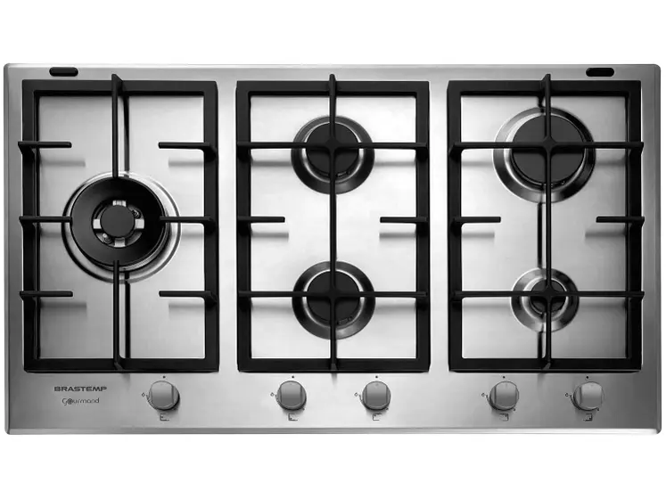 Cooktop a Gás Brastemp Gourmand 5 Bocas Inox Dupla Chama Acendimento Automático com Trempes de Ferro Fundido Gás Natural e GLP BDK90