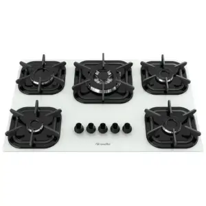 Cooktop a Gás Mueller 5 Bocas Tripla Chama Vidro Temperado Branco Bivolt Cooktop a Gás Mueller 5 Bocas Tripla Chama Vidro Temperado Branco Bivolt