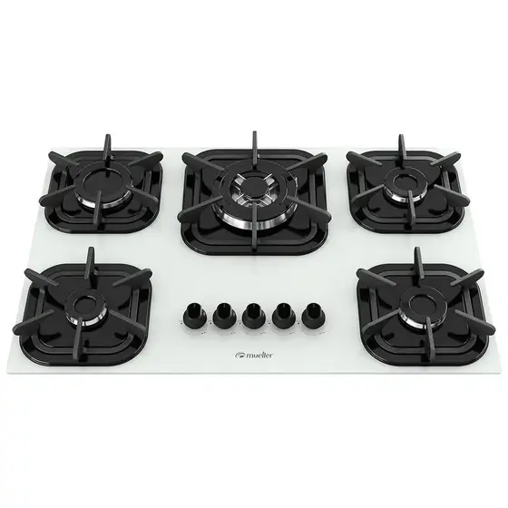 Cooktop a Gás Mueller 5 Bocas Tripla Chama Vidro Temperado Branco Bivolt