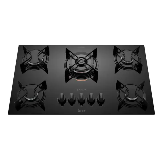 Cooktop a Gás Atlas U Top 5 Bocas Preto com Mesa de Vidro e Tripla Chama Bivolt