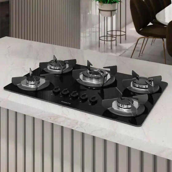 Cooktop a Gás Fogatti Safe 5 Bocas Tripla Chama Vidro Preto 27001601
