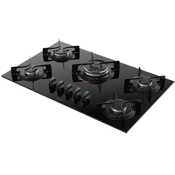 Cooktop a Gás Atlas U Top 5 Bocas com Mesa de Vidro Preto Bivolt