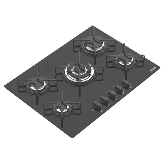 Cooktop a Gás Tramontina Penta 5 Queimadores em Vidro Temperado Preto com Trempes em Aço Carbono e Acendimento Superautomático