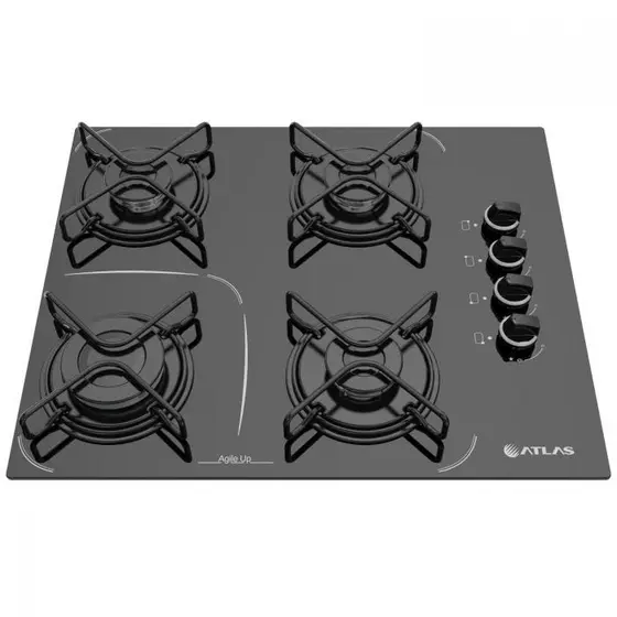 Cooktop a Gás Atlas Agile Up Glass 4 Bocas com Acendimento Superautomático e Mesa de Vidro Preto Bivolt