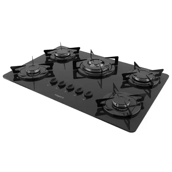 Cooktop a Gás Fogatti 5 Bocas TC Vidro Preto Flange Esmaltada FGT-5B