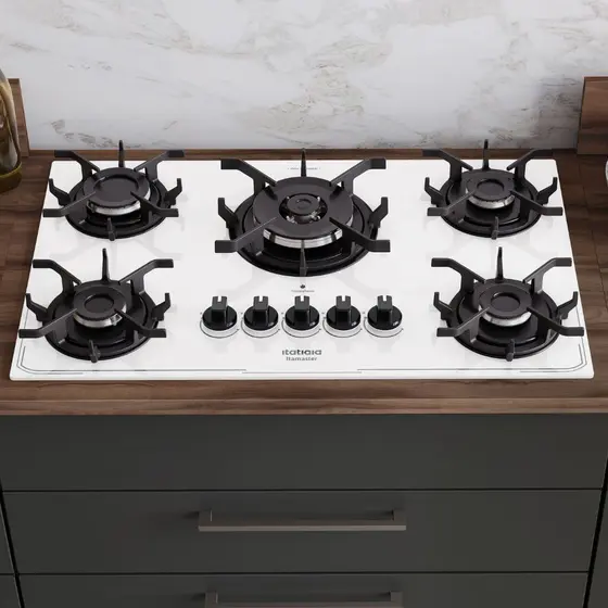 Cooktop a Gás Itatiaia Itamaster 5 Bocas Tripla Chama Vidro Temperado Branco Bivolt