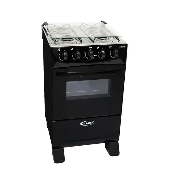 Fogão de Piso Clarice Delicato 4 Bocas Preto a Gás com Mesa Inox e Forno