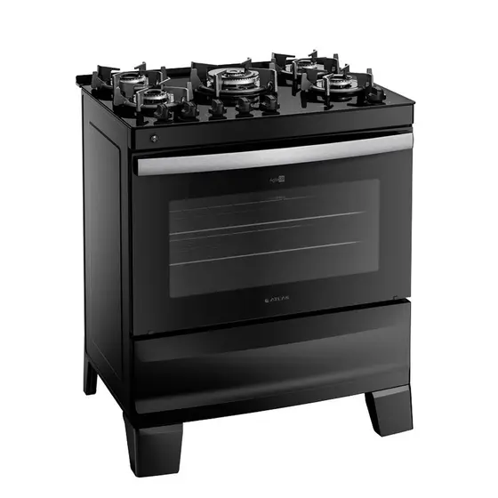 Fogão de Piso Atlas Agile Up Glass 5 Bocas Preto com Mesa de Vidro e Acendimento Automático Bivolt