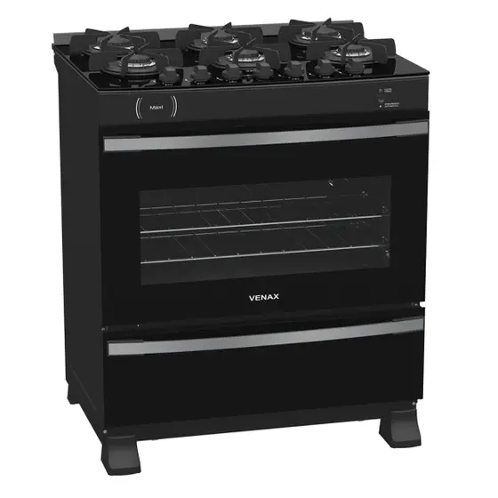 Fogão de Piso Venax Maxi Vitreo 6 Bocas Preto Fosco para Gás GLP