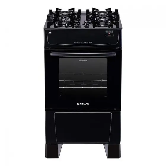 Fogão de Piso Atlas Mônaco Top Glass 4 Bocas Preto a Gás Bivolt