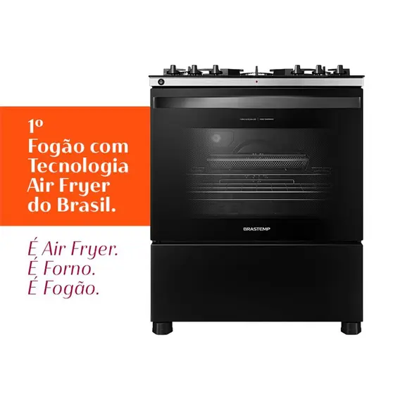 Fogão de Piso Brastemp 5 Bocas Preto com Mesa de Vidro, Função Air Fryer e Turbo Chama (BFS5LAE)