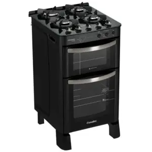 Fogão de Piso Esmaltec Diamante Glass 4 Bocas Preto com Duplo Forno e Timer Sonoro