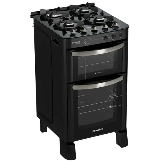 Fogão de Piso Esmaltec Diamante Glass 4 Bocas Preto com Duplo Forno e Timer Sonoro