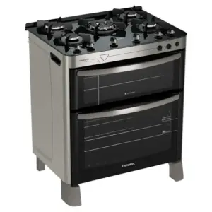 Fogão de Piso Esmaltec Diamante Glass 5 Bocas Inox com Duplo Forno e Timer Sonoro