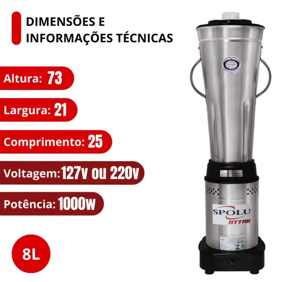 Liquidificador Spolu Attak Baixa Rotação 8L 3500RPM (Bivolt)