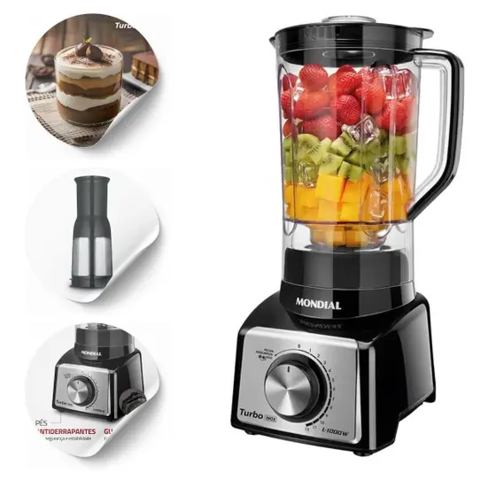 Liquidificador Mondial Bi Turbo Preto/Inox 1100W 3L 4 Lâminas Inox L-1100