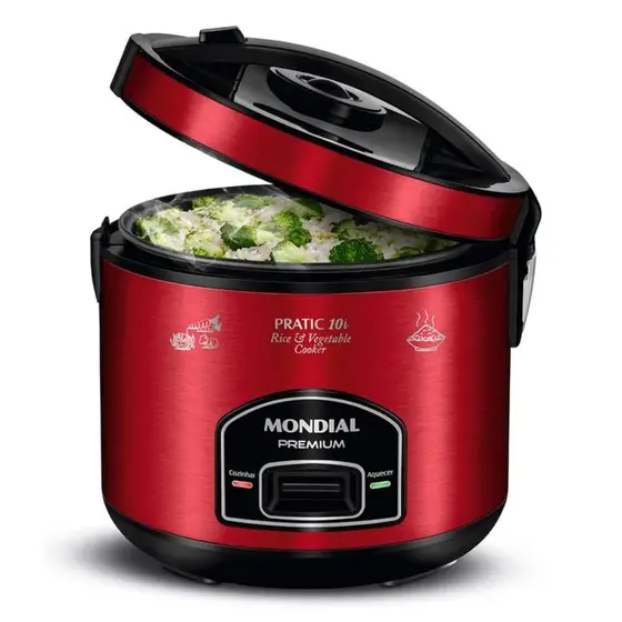 Panela de Arroz Elétrica Mondial Pratic 10i Premium 10 Xícaras 700W Vermelho/Inox 127V PE-46-10X