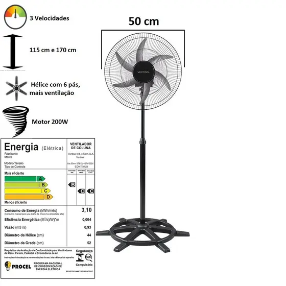 Ventilador de Coluna Ventisol Steel Oscilante 50cm Grade de Metal 127V