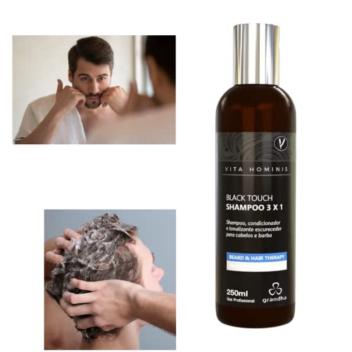 Black Touch Shampoo 3x1 250ml Shampoo, condicionador e tonalizante escurecedor para cabelos e barba. A linha Vita Hominis é a linha masculina da Grandha para barba e cabelo. A verdadeira essência do homem, traduzida numa experiência elegante e sofisticada.