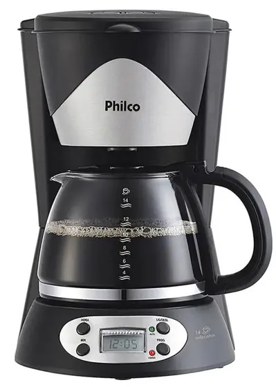 Cafeteira Elétrica de Gotejamento Philco 14 Xícaras Programável Preta e Inox 220V