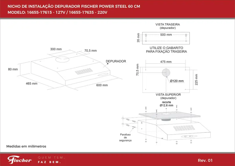 Depurador de Ar de Parede Fischer Power Steel 60cm 220V 16655.17635