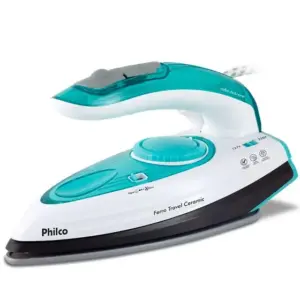 Ferro de Passar Roupas a Vapor Elétrico de Viagem Philco Travel Ceramic com Base de Cerâmica Azul e Branco Bivolt