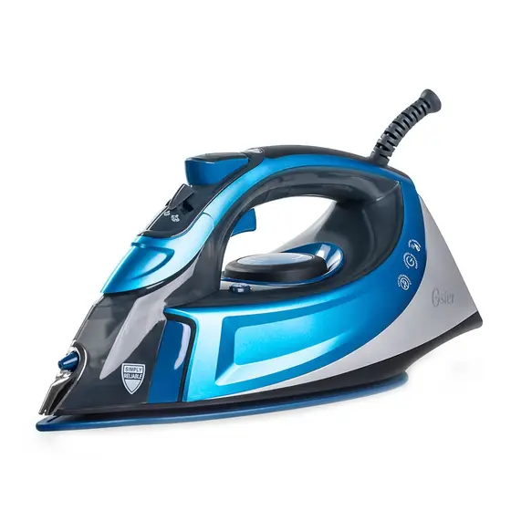 Ferro de Passar Roupa a Vapor Elétrico Oster Turbo com Base de Cerâmica Azul e Preto