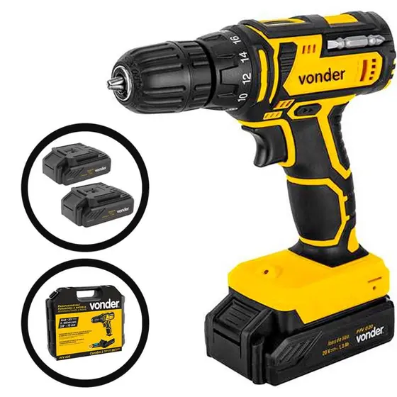 Furadeira Parafusadeira a Bateria Vonder PFV020 20V com Maleta, 2 Baterias e Acessórios Bivolt