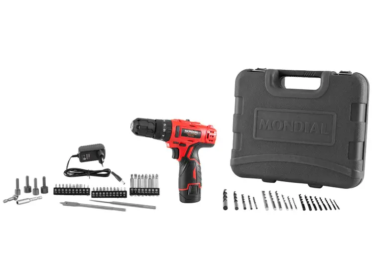 Furadeira Parafusadeira de Impacto a Bateria Mondial 3/8″ 12V com Velocidade Variável e Maleta