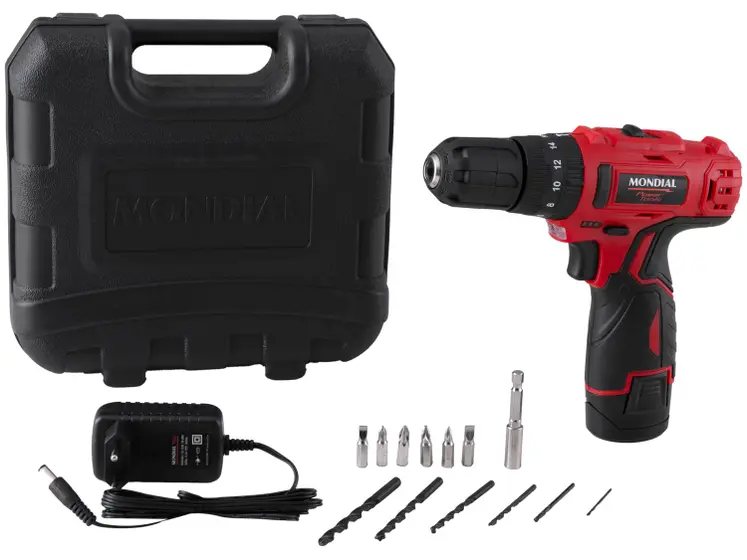 Furadeira de Impacto Parafusadeira Mondial PI-10MA a Bateria com Maleta 15 Peças