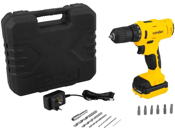 Furadeira Parafusadeira Vonder PFV 120 a Bateria 12V com Maleta e 18 Peças