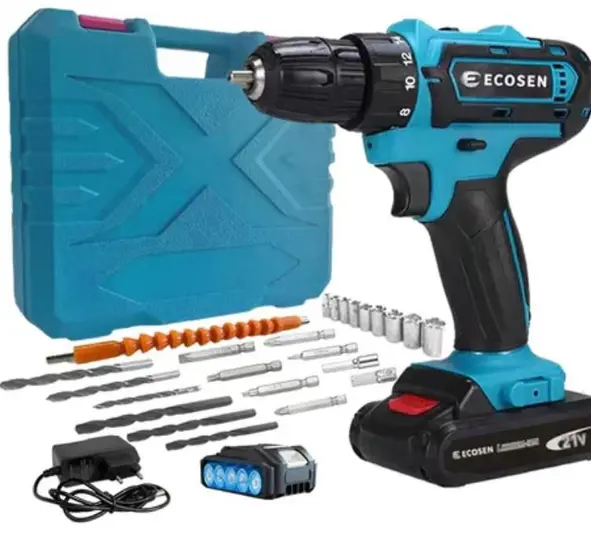 Furadeira Parafusadeira Ecosen 21V 45Nm com Maleta 28 Peças Azul