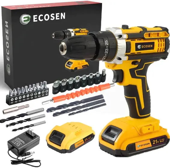 Furadeira Parafusadeira Ecosen 21V 45Nm com Maleta 30 Peças Amarela