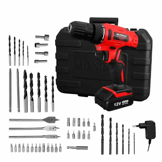Furadeira Parafusadeira Mondial PF-07MA 3/8″ a Bateria 12V com Maleta e 50 Acessórios