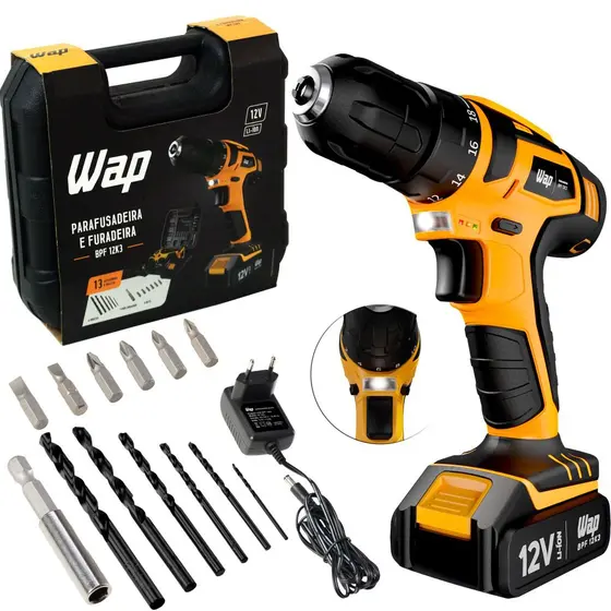 Furadeira Parafusadeira Wap BPF 12K3 3/8″ a Bateria 12V com Kit de Brocas e Bits Bivolt