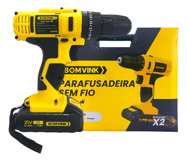 Furadeira Parafusadeira à Bateria Bomvink 21V Sem Fio Amarela