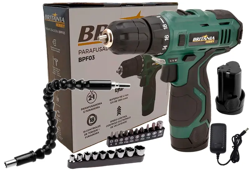 Furadeira Parafusadeira Britânia BPF03 12V com Acessórios