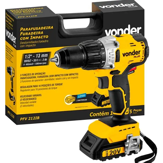 Furadeira Parafusadeira de Impacto à Bateria Vonder 1/2 20V com Maleta e 2 Baterias Bivolt PFV 212IB