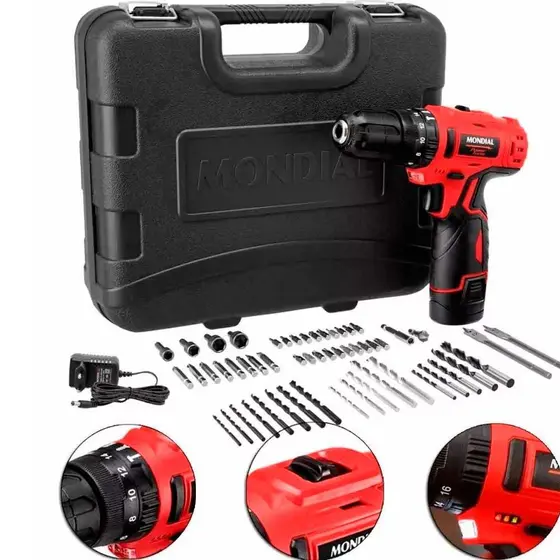 Furadeira Parafusadeira de Impacto Mondial PI-11MA 3/8″ a Bateria 12V com Kit 54 Acessórios