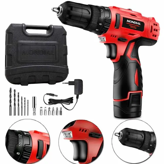 Furadeira Parafusadeira de Impacto Mondial PI-10MA 3/8″ a Bateria 12V com Maleta e Acessórios