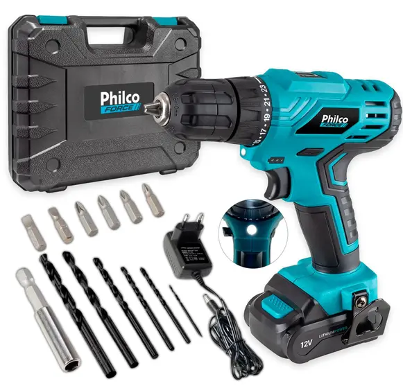 Furadeira Parafusadeira Sem Fio Philco PPF12M 10mm 12V com Acessório Bivolt