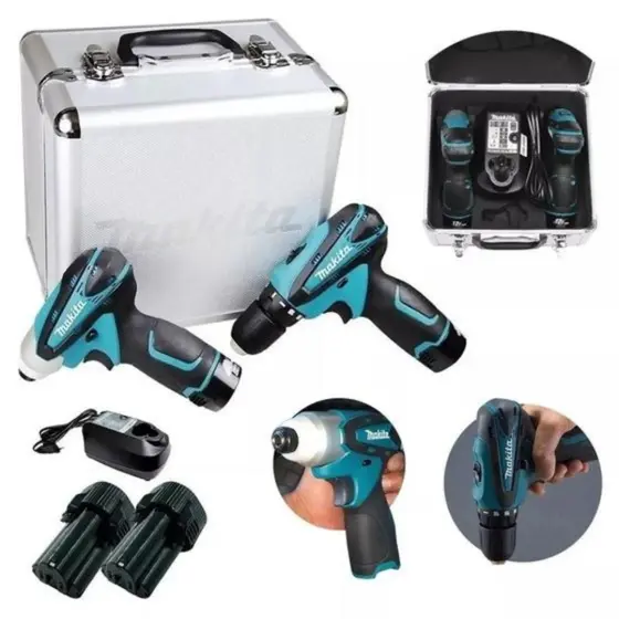 Kit Furadeira e Parafusadeira de Impacto a Bateria Makita LCT204 12V com Maleta Bivolt