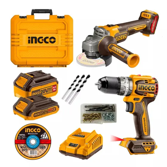 Kit Parafusadeira Esmerilhadeira Ingco 20V com 2 Baterias