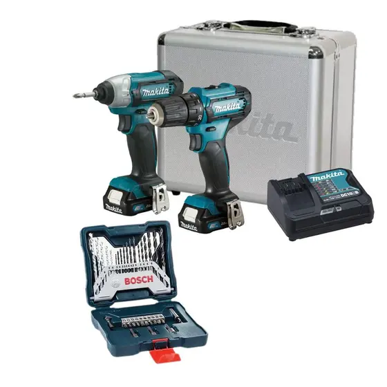 Kit Parafusadeira Furadeira Chave de Impacto Makita 12V com 2 Baterias Maleta e Acessórios CLX224SAX