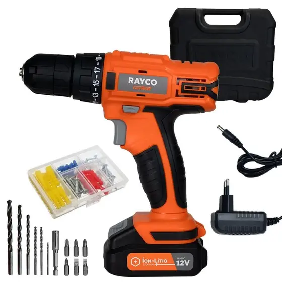 Kit Parafusadeira Furadeira Rayco 12V Bivolt com 73 Peças