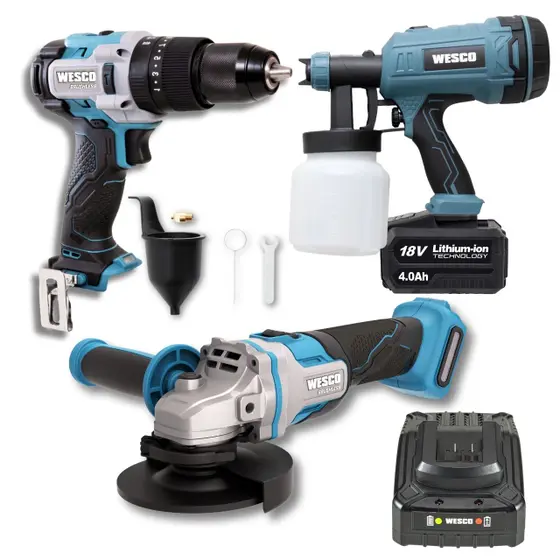Kit Ferramentas Wesco: Parafusadeira Furadeira de Impacto, Esmerilhadeira, Pistola de Pintura, Bateria 4Ah e Carregador