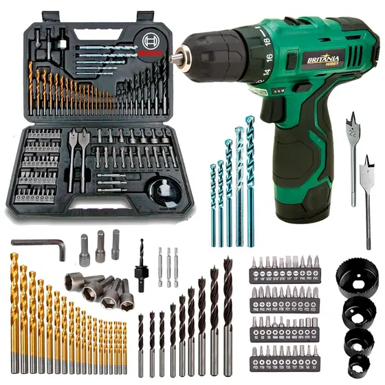 Parafusadeira Furadeira Britânia BPF03 12V com Kit 103 Peças Bosch