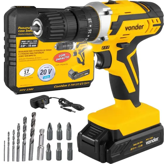 Parafusadeira Furadeira de Impacto Vonder PFV238I 20V Sem Fio com Maleta, Broca e Bits